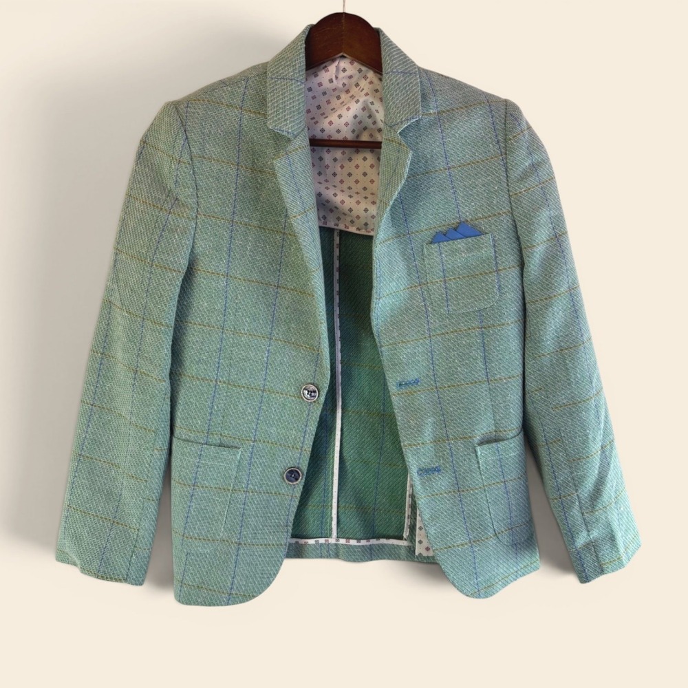 Sahara Club Boys Blazer Size 10 Green Windowpane Plaid Elbow Patch Preppy